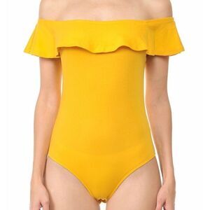 73. Flounced off-the-shoulder bodysuit in Yellow